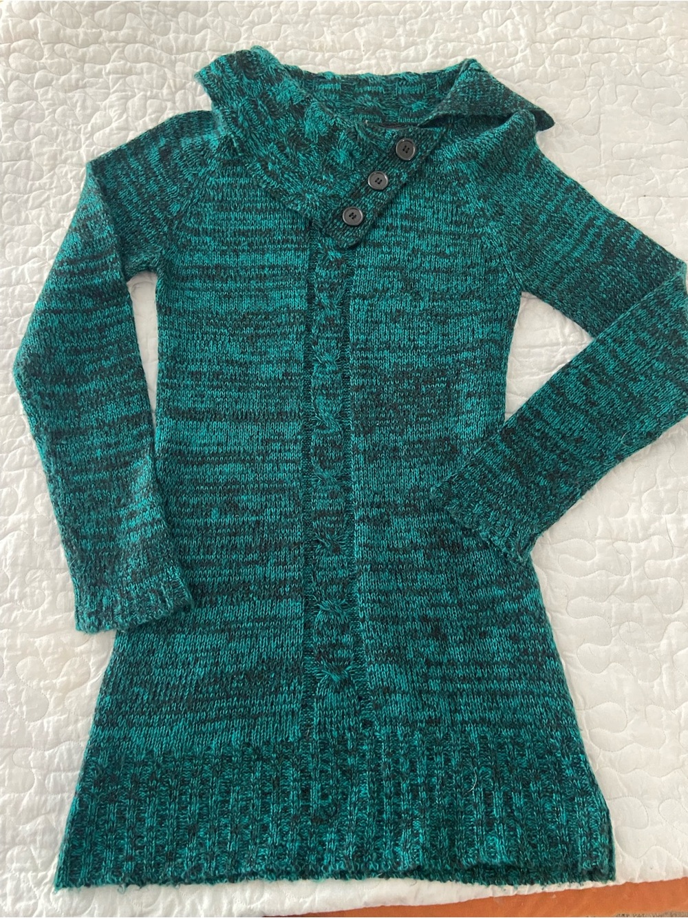 Marled Teal Button-Collar Knit Tunic Sweater